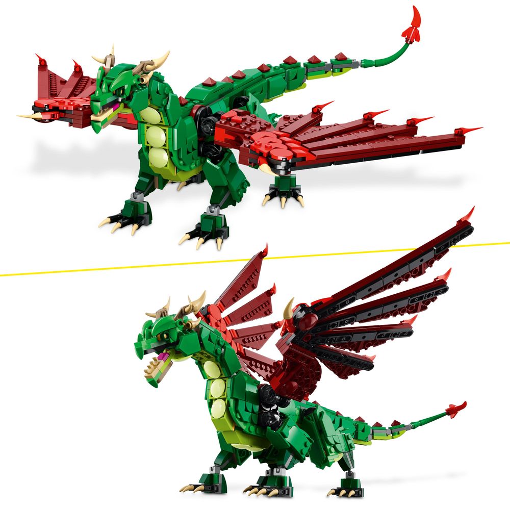LEGO 31161 Bunte LEGO-Drachen mit grünen und roten Elementen detailreiche Bauweise und kreative Gestaltung.