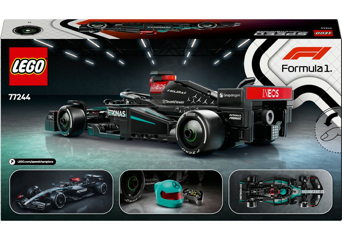 LEGO 77244 Detailansicht des LEGO Formel 1 Mercedes-AMG F1 W15 Rennautos in Schwarz und Grün.