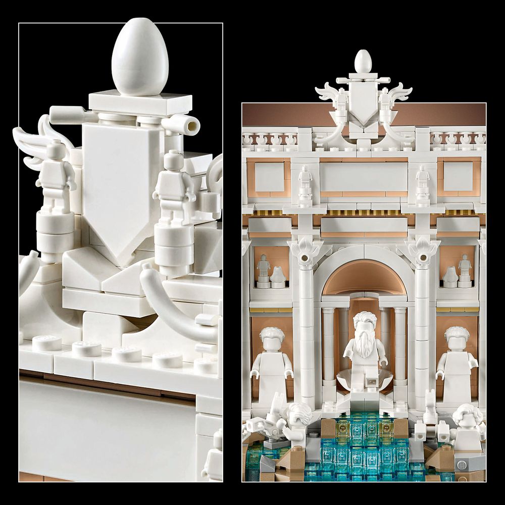 LEGO 21062 Detaillierte Ansicht des LEGO Trevi-Brunnens mit Statuen und Wasser.