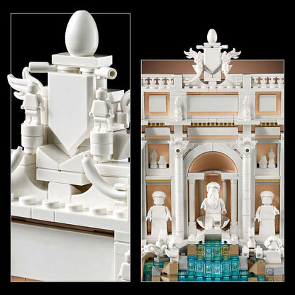 LEGO 21062 Detaillierte Ansicht des LEGO Trevi-Brunnens mit Statuen und Wasser.