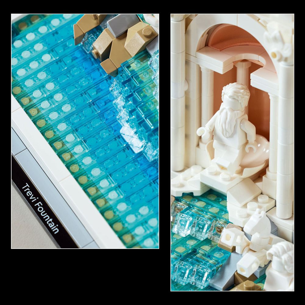 LEGO 21062 Detailliertes Modell des Trevi-Brunnens aus LEGO-Steinen mit Wasserfallszene.