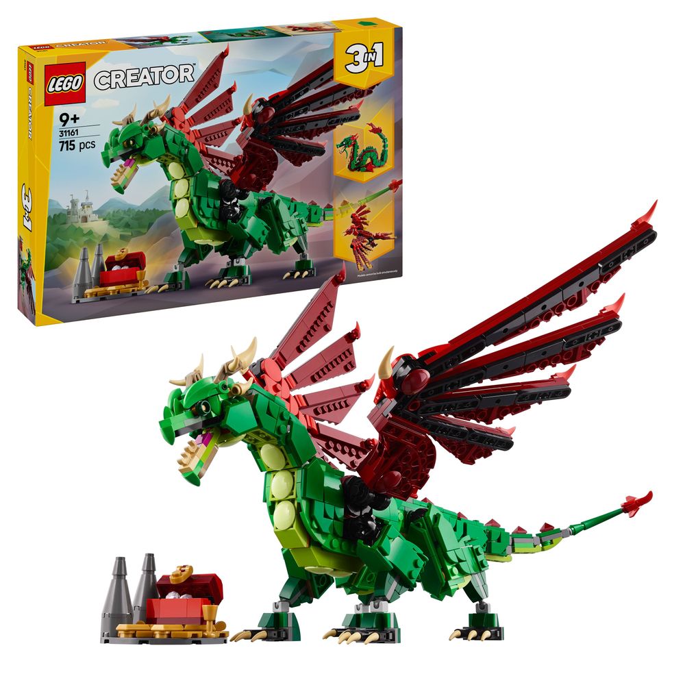 LEGO 31161 Buntes LEGO Creator Set mit grünem Drachen und rotem Flügel-Design.