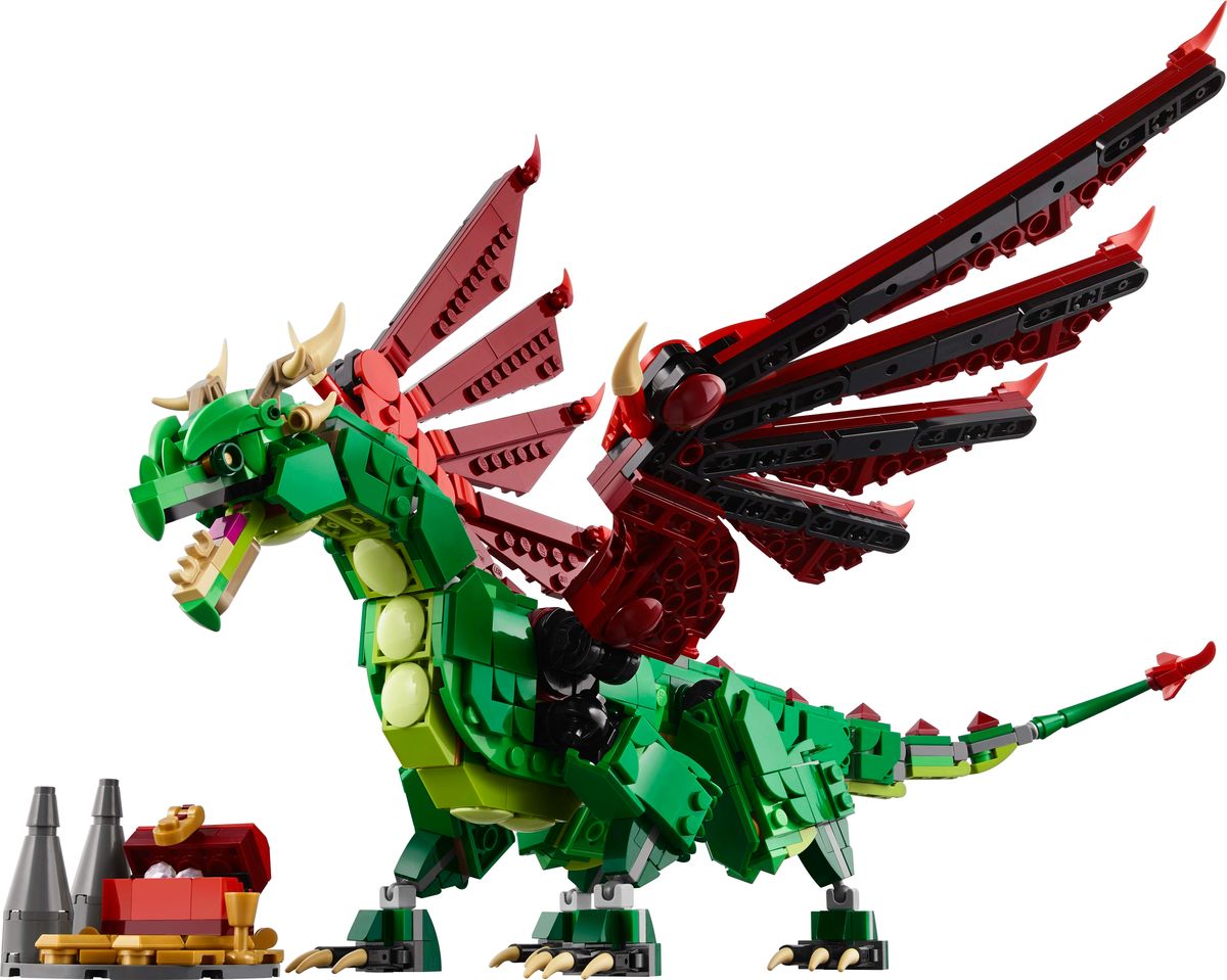 LEGO 31161 Bunter LEGO-Drachen mit rotem Flügel und Schatztruhe in Szene gesetzt.