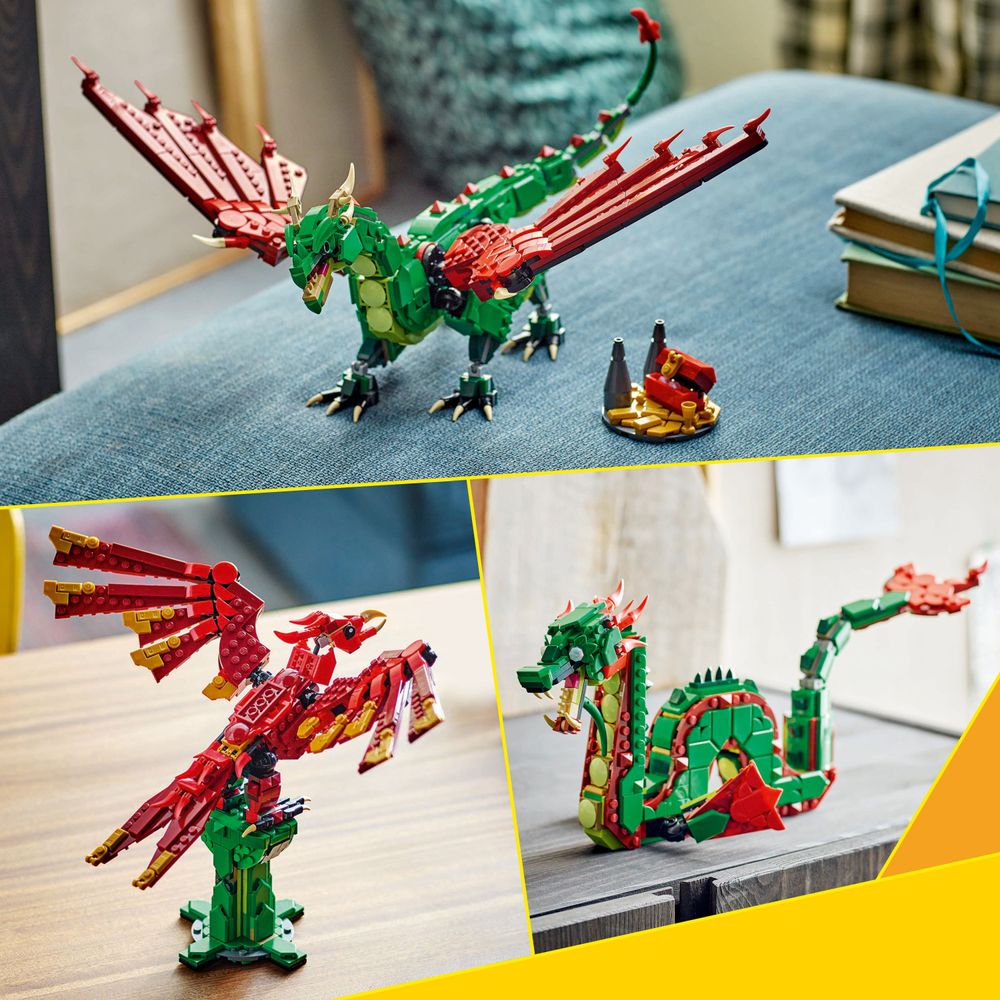 LEGO 31161 Bunte LEGO-Drachen-Modelle in verschiedenen Posen und Farben auf hellen Unterlagen.