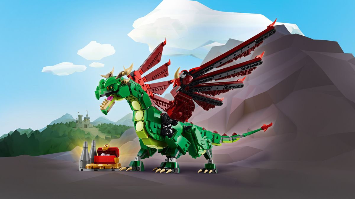 LEGO 31161 Ein imposanter grüner Drache mit roten Flügeln und einem Schatzkisten-Detail.
