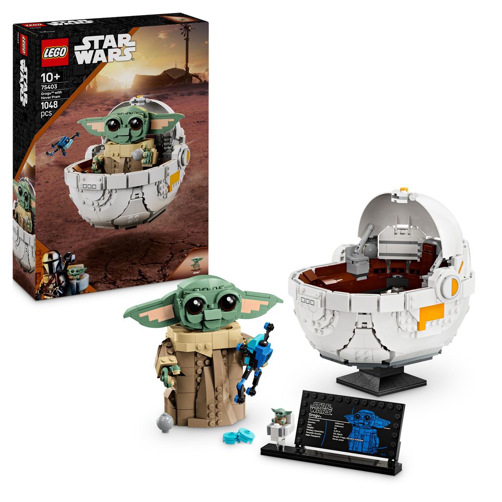 LEGO 75403 Detailreiche LEGO-Box mit Grogu in seiner Repulsorwiege inklusive Zubehör und Figuren.