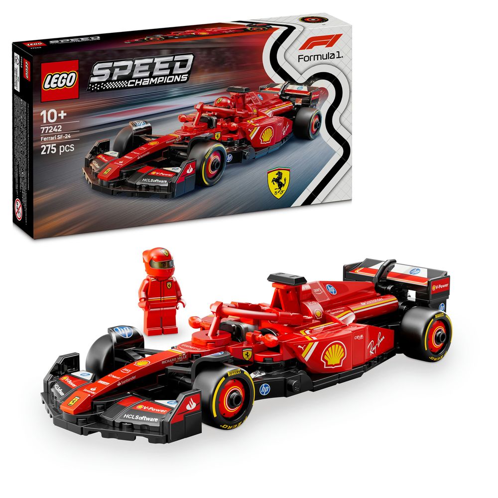 LEGO 77242 Modell eines Ferrari F1-Rennwagens mit Fahrer und Verpackung. Ideal für Fans und Sammler.