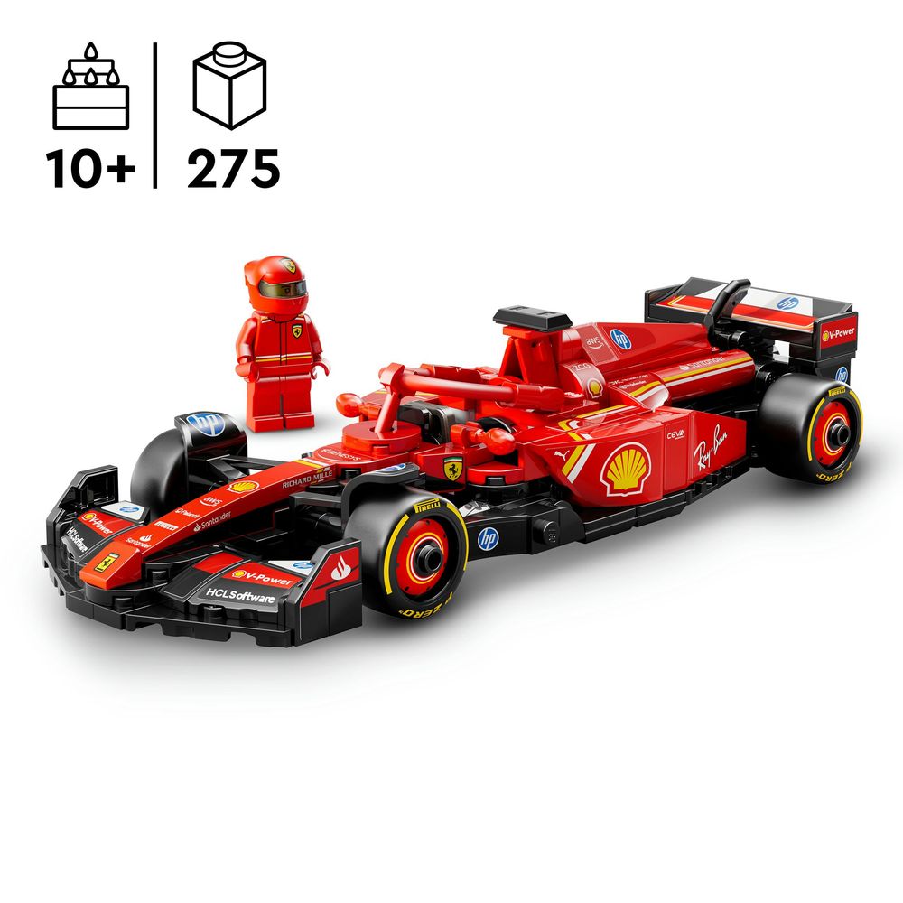 LEGO 77242 Detailansicht eines LEGO Formel-1-Rennwagens mit Fahrer im Ferrari-Design.