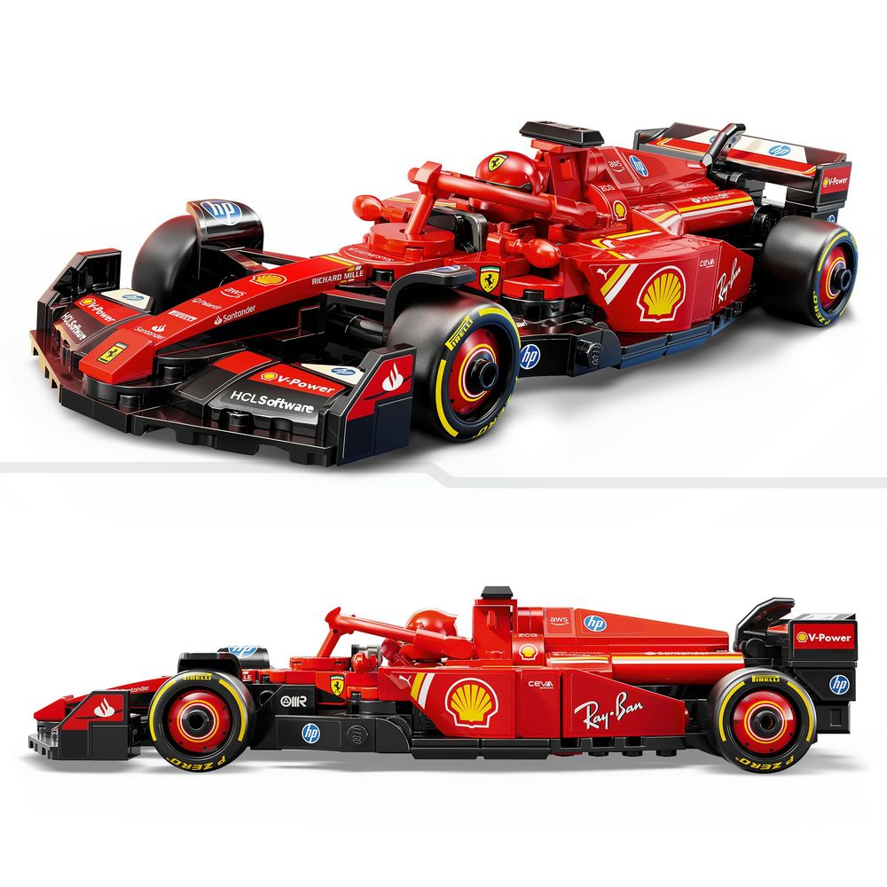 LEGO 77242 Detailliertes Modell eines Ferrari F1-Rennautos in leuchtendem Rot und schwarzem Design.