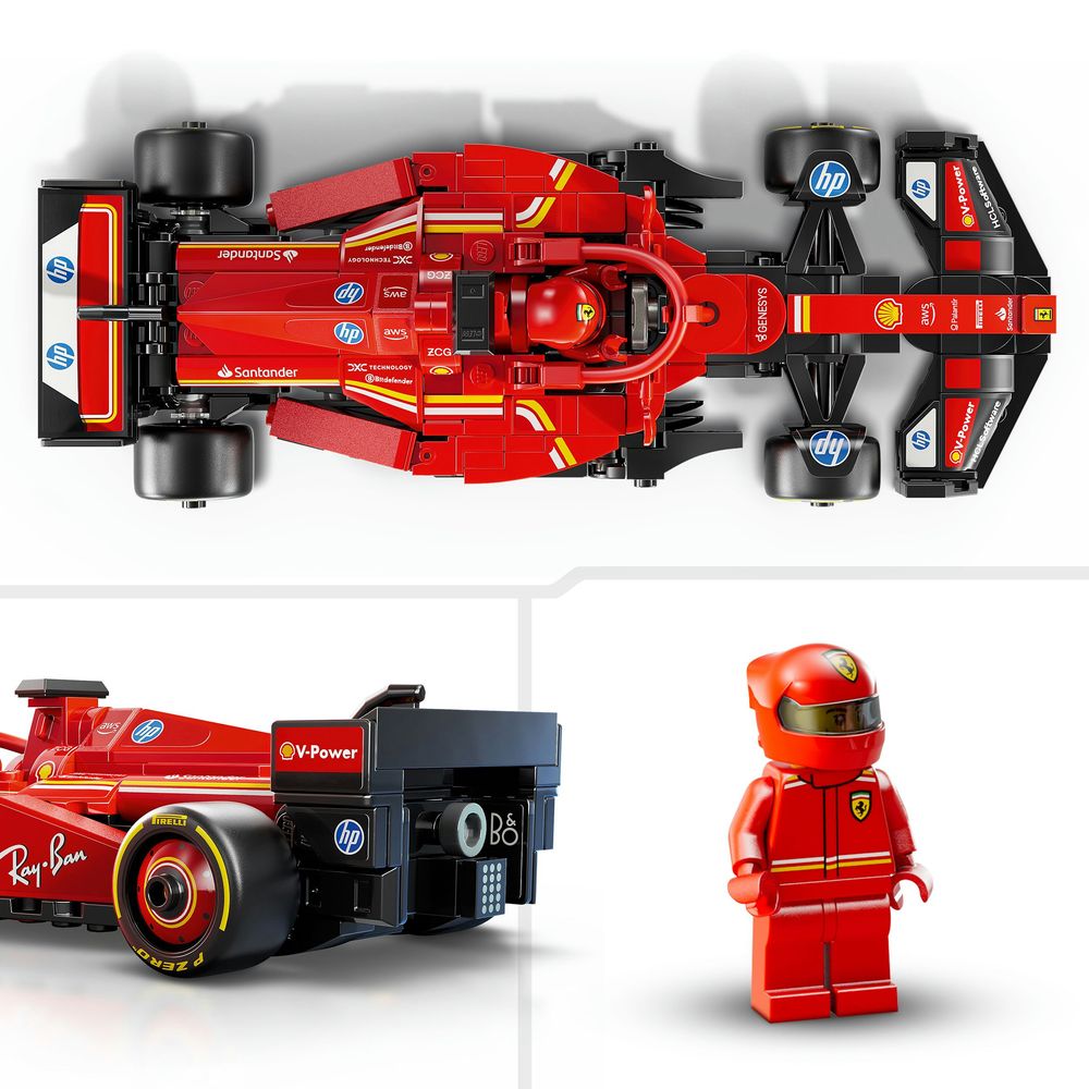 LEGO 77242 Detailansicht eines roten LEGO Formel 1 Autos mit einer Figur in Rennfahreranzug.