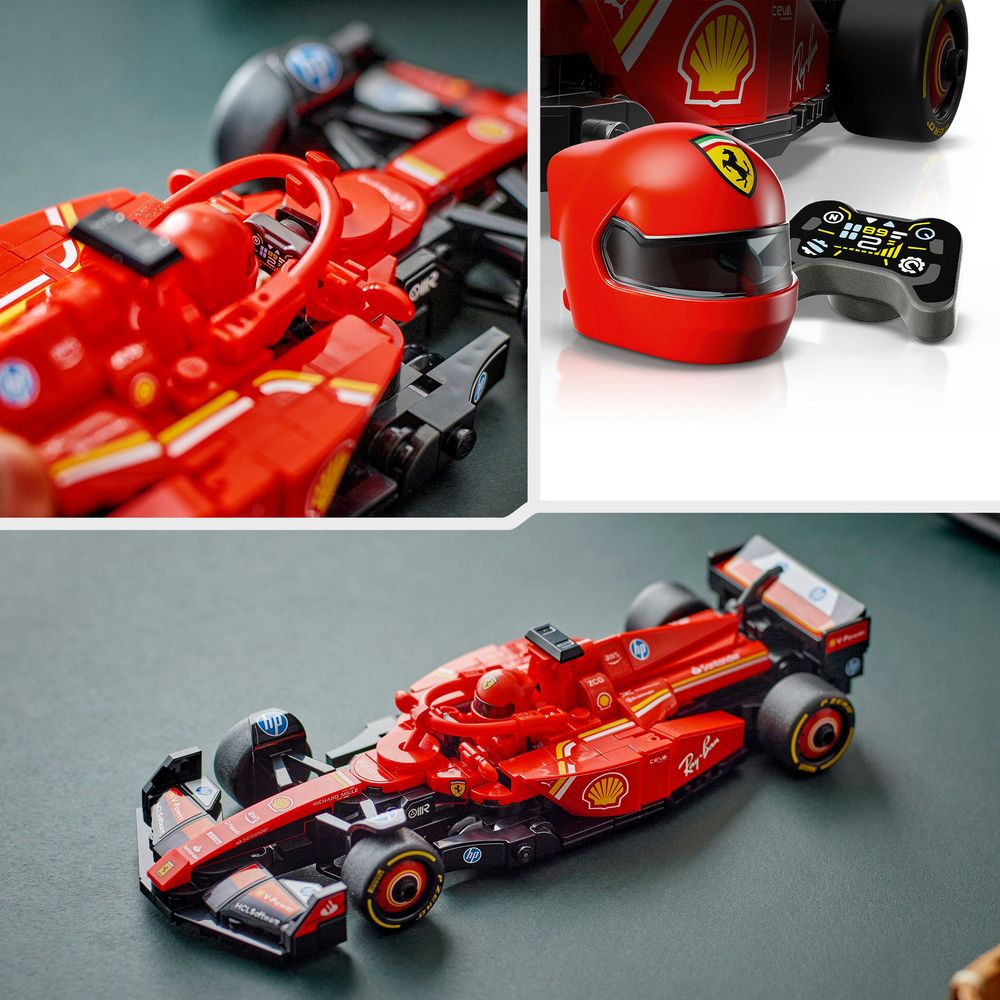 LEGO 77242 Detailansicht eines roten Ferrari F1-Rennautos mit Fahrerhelm und Controller.