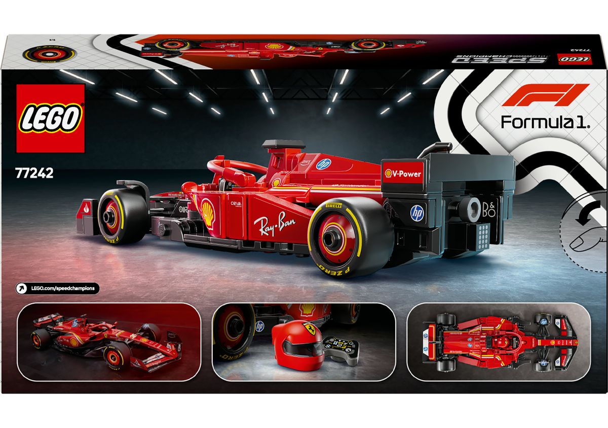 LEGO 77242 Detailreiche Abbildung des LEGO Formel-1 Ferrari SF-24 Rennautos im Set-Design.