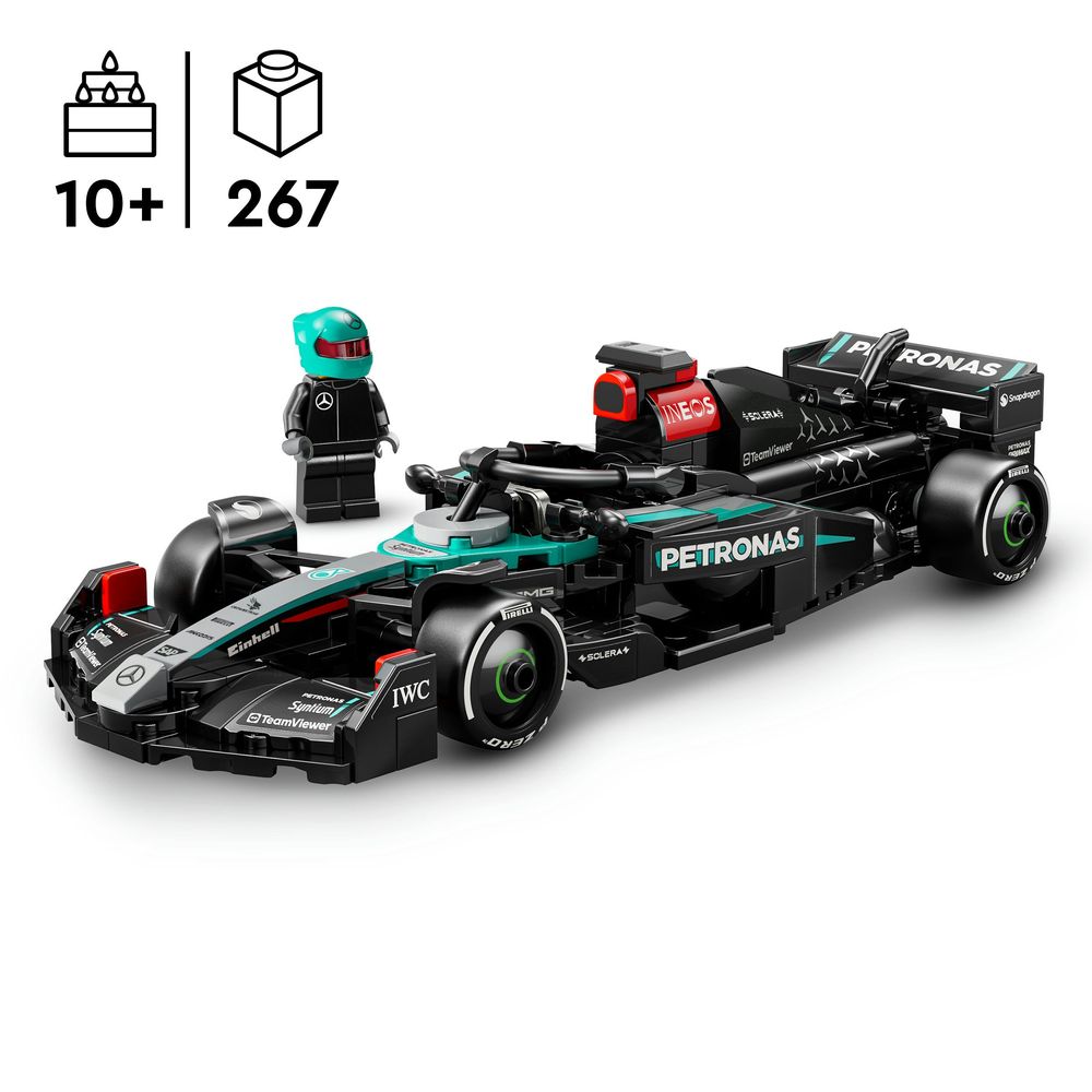 LEGO 77244 Modell eines Formel-1-Rennautos mit Minifigur in Mercedes-AMG Design.