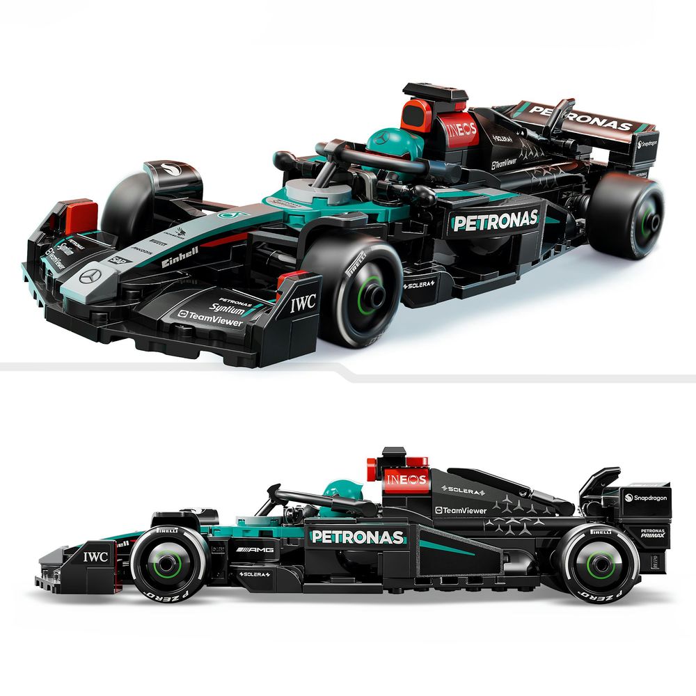 LEGO 77244 Detailansicht eines LEGO-Modells des Mercedes-AMG F1 W15 Rennwagens in Schwarz und Grün.