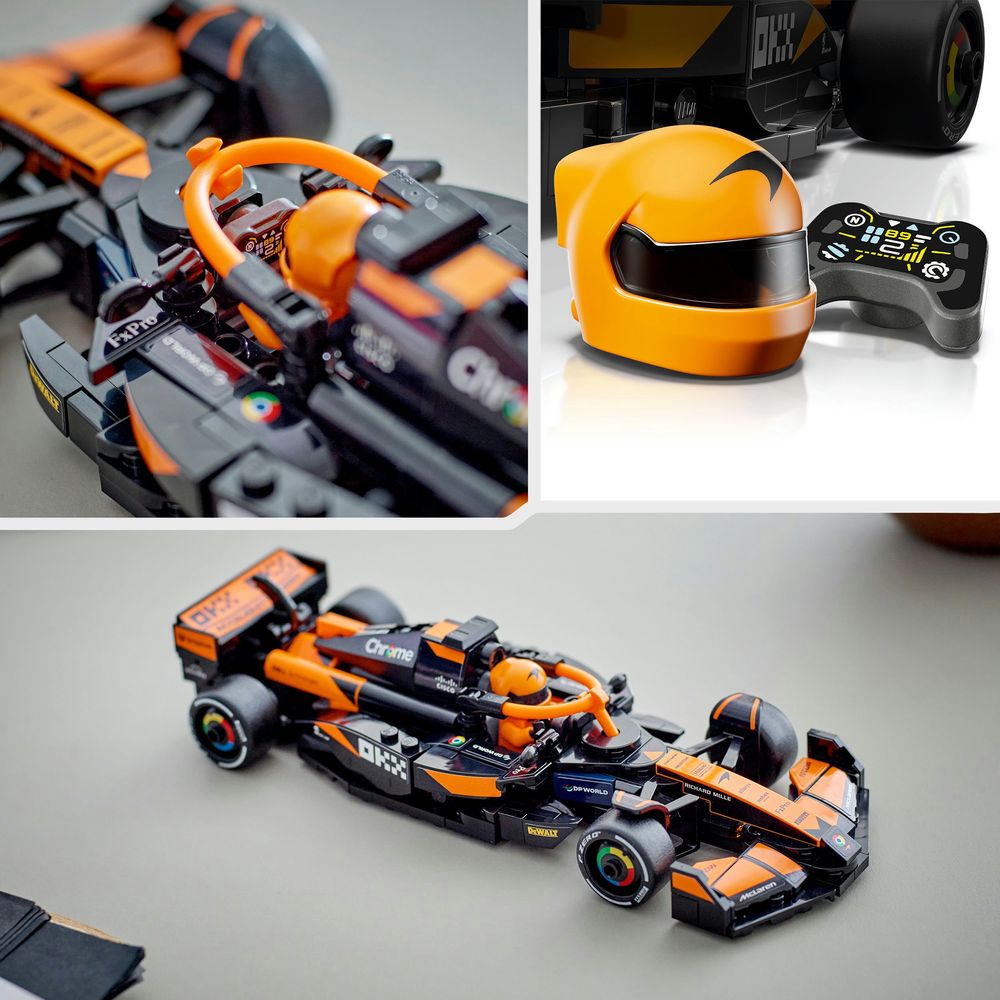 LEGO 77251 Detailansicht eines McLaren F1 Rennwagens mit Steuerung und Helm.